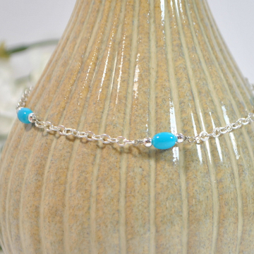 Turquoise Blue and Silver Chain Anklet, 10 inch Handmade Beaded Chain Ankle Bracelet
