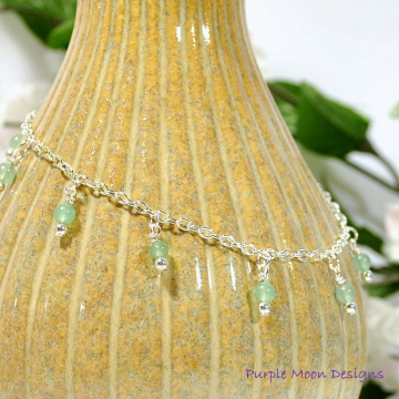 Green Gemstone Charm Anklet, 9.5 inch Silver Chain Ankle Bracelet, Gift for Her