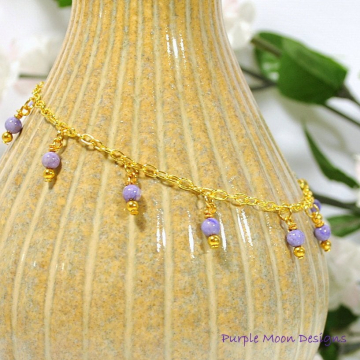 Lavender Riverstone Charm Anklet, 9.5 inch Gold Chain Ankle Bracelet, Gift for Her