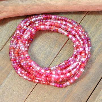 Red Pink Beaded Wrap Bracelet, 10 Wrap Stretch Bracelet