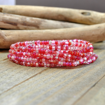Red Pink Beaded Wrap Bracelet, 10 Wrap Stretch Bracelet