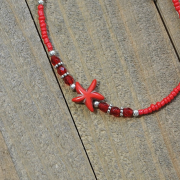 Red Starfish Anklet, 10 inch Red and Silver Ankle Bracelet