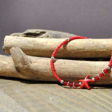 Red Starfish Anklet, 10 inch Red and Silver Ankle Bracelet