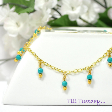 Teal Blue Riverstone Charm Anklet, 9.5 inch Gold Chain Ankle Bracelet, Gift for Her