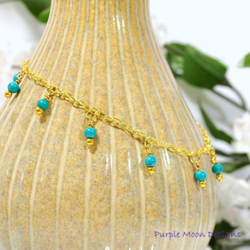 Teal Blue Riverstone Charm Anklet, 9.5 inch Gold Chain Ankle Bracelet, Gift for Her