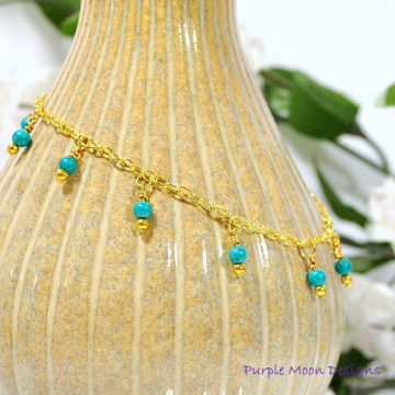Teal Blue Riverstone Charm Anklet, 9.5 inch Gold Chain Ankle Bracelet, Gift for Her