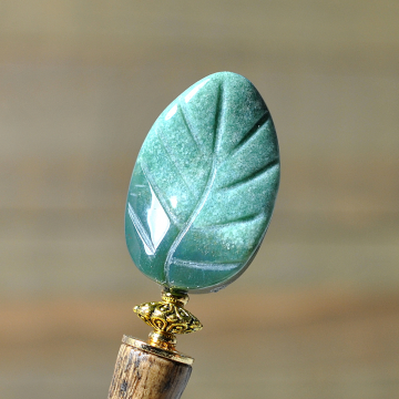 Green Leaf Hair Stick, 4.5 inch Wood Hair Bun Pin - "Tranquility"