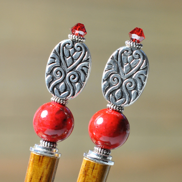Red and Silver Handmade Hair Sticks