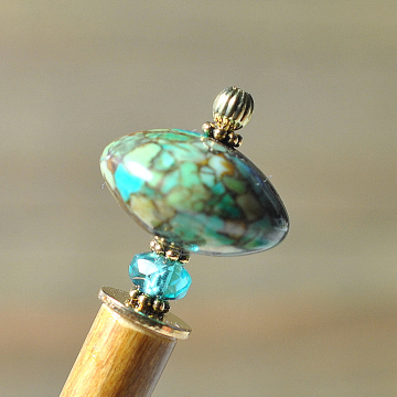 Green Mosaic Roundel on Hand Carved Wood Hair Stick